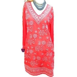 Antonio Melani Hippie Boho Tunic Size S Embroidered Deep Orange Art-To-Wear